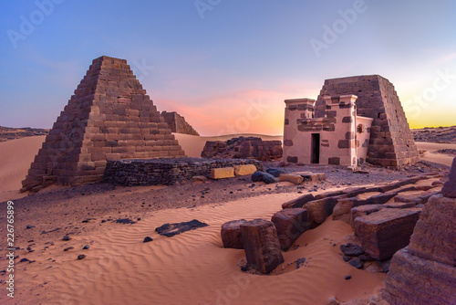 Pyramids of Meroe, Sudan. Meroë is an ancient desert pyramid city, east bank of the Nile near Shendi, Sudan, approximately 200 km north-east of Khartoum in the desert photo