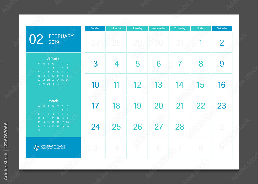 Calendar 2019 February week start Sunday corporate business modern design layout template vector. Calendar 2019 February week start Sunday corporate business modern design layout template vector.