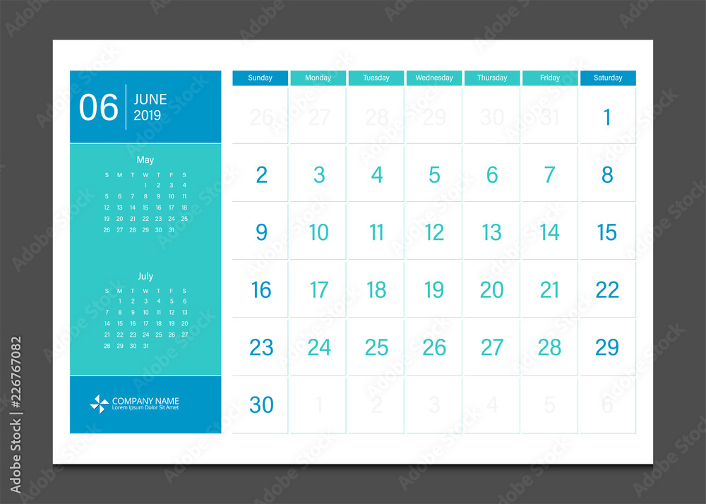 Calendar 2019 June week start Sunday corporate business modern design layout template vector. Calendar 2019 June week start Sunday corporate business modern design layout template vector.
