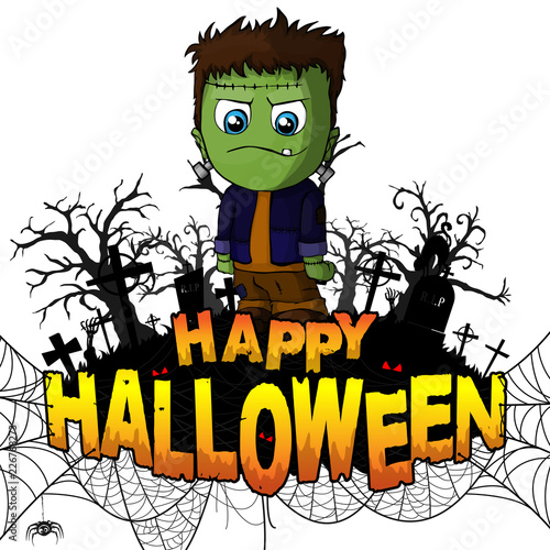 Happy Halloween Design template with Frankenstein on white isolated background. Vector illustration.