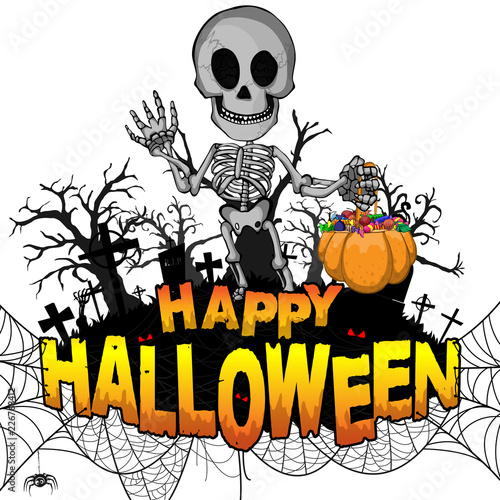 Happy Halloween Design template with skeleton on white isolated background. Vector illustration.