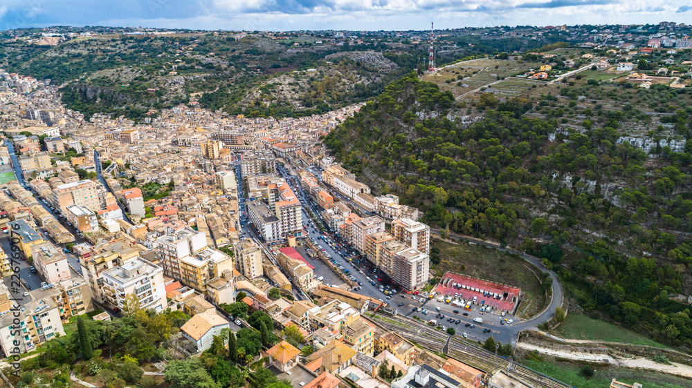Aerial view. Modica  is a city and comune in the Province of Ragusa, Sicily, southern Italy.