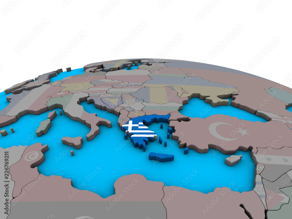 Greece with embedded national flag on political 3D globe.