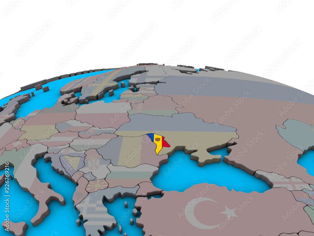 Moldova with embedded national flag on political 3D globe.