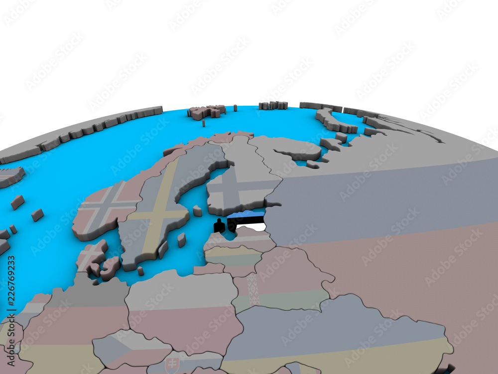 Estonia with embedded national flag on political 3D globe.