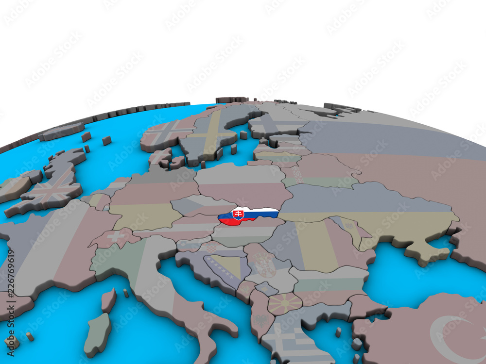 Slovakia with embedded national flag on political 3D globe.