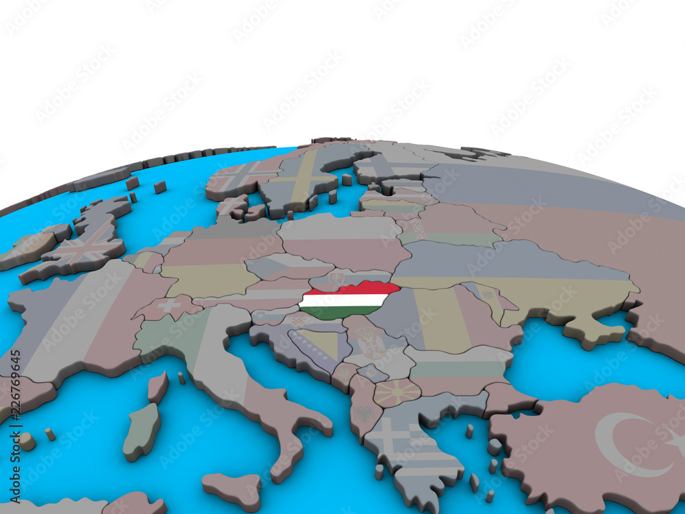 Hungary with embedded national flag on political 3D globe.