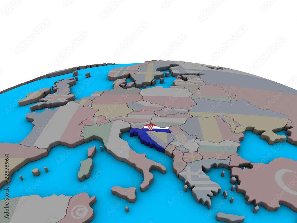 Croatia with embedded national flag on political 3D globe.