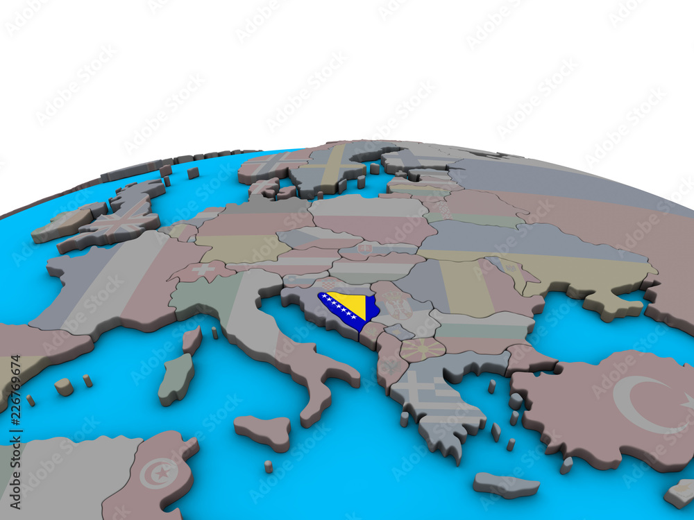Bosnia and Herzegovina with embedded national flag on political 3D globe.