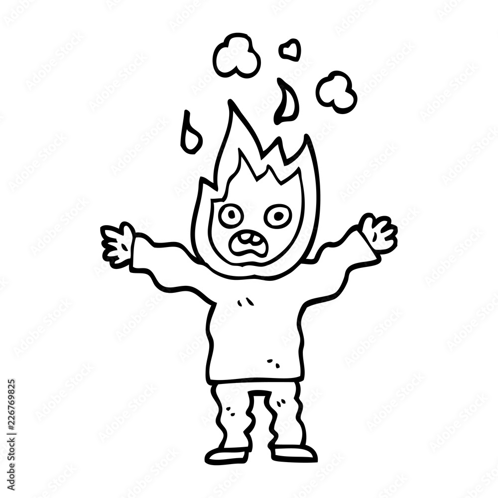 line drawing cartoon man with head on fire