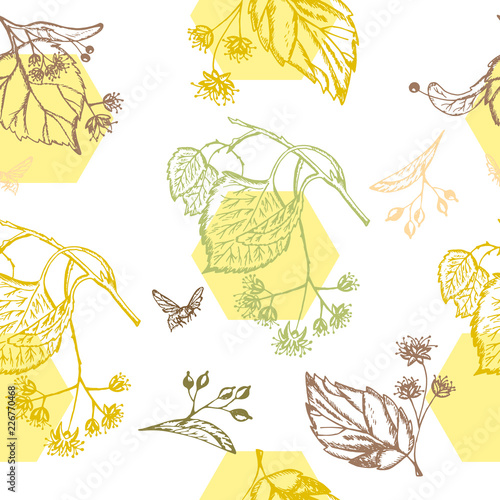 Seamless pattern of lavender flowers on a white background with honeycomb. Honey pattern with Lavender for packing. Stock vector