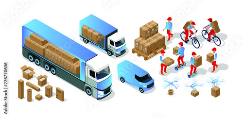 Free fast delivery,Innovation technology in transportation. Drone, giro board, bicycle delivery vector isometric illustration 3d