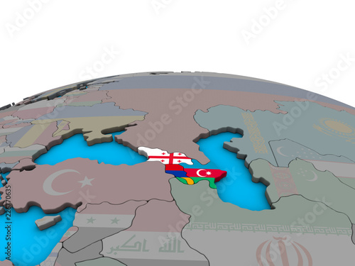 Caucasus region with embedded national flags on political 3D globe. © harvepino