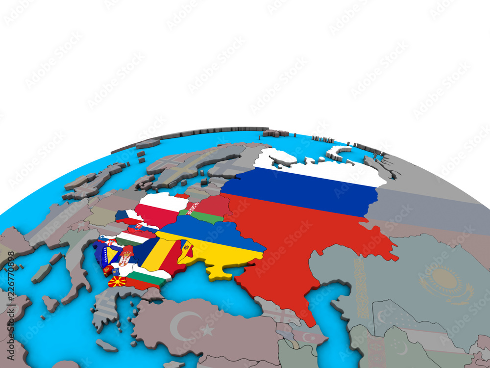 Eastern Europe with embedded national flags on political 3D globe.
