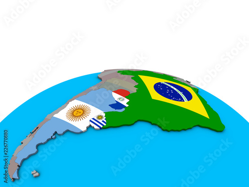 Mercosur memebers with embedded national flags on political 3D globe. photo