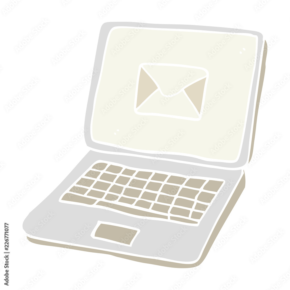flat color illustration of a cartoon laptop computer with message symbol on screen