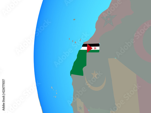 Western Sahara with embedded national flag on blue political globe.