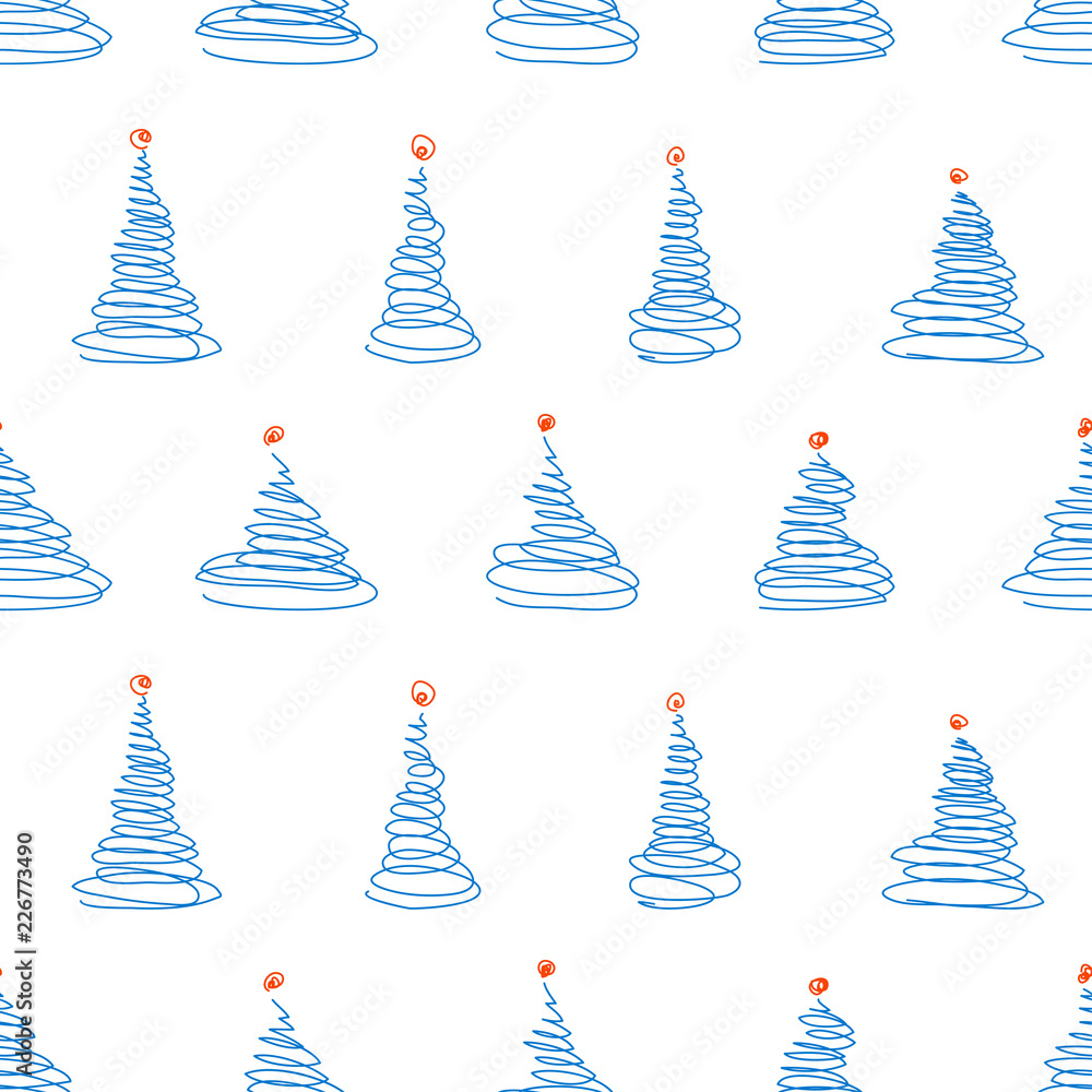 Vector seamless pattern of sketch blue christmas trees with red decoration ball on the top on white background