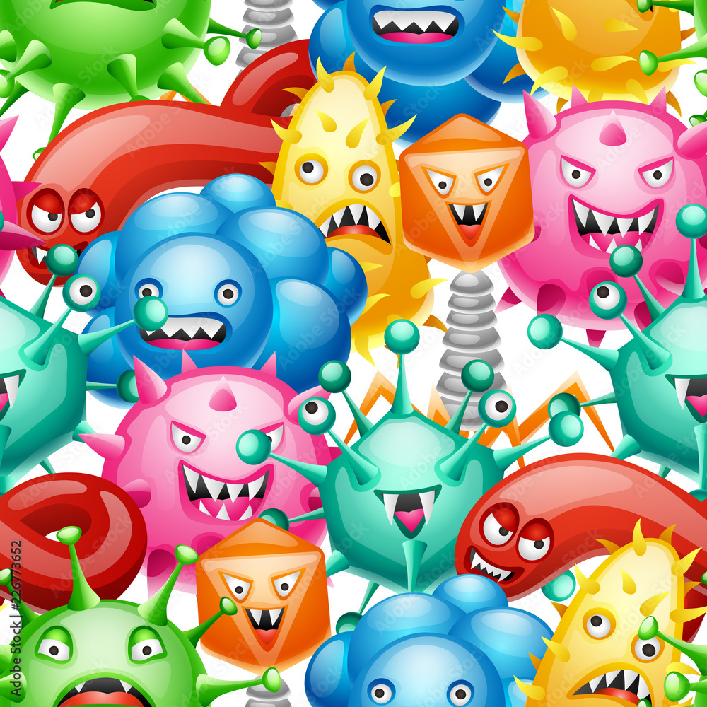 Seamless pattern with little angry viruses. Seamless pattern with little angry viruses.