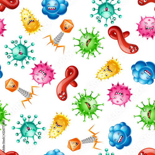 Seamless pattern with little angry viruses.