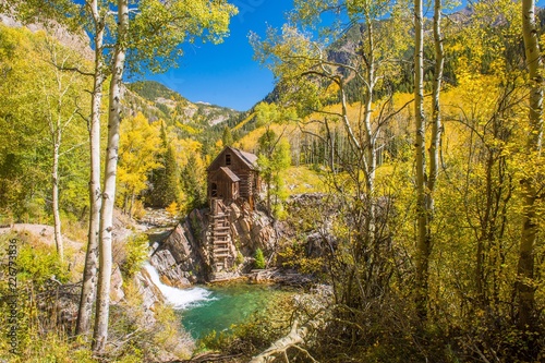 Crystal Mill in Colorado on a bright, sunny autumn day