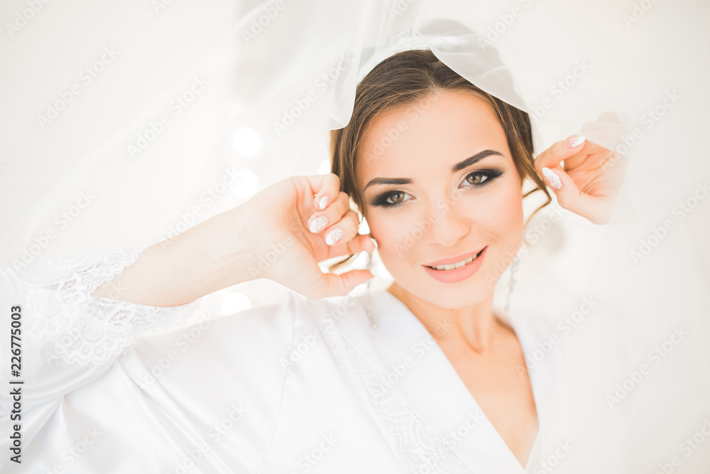 Portrait of beautiful bride with fashion veil at wedding morning.