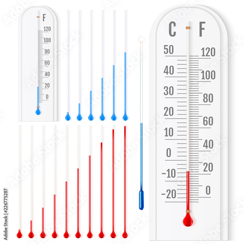 Vector set of realistic liquid thermometers with celsius and fahrenheit scales, red and blue indicator. Vector illustration