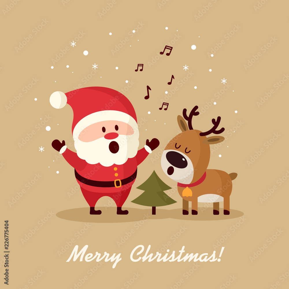Santa Claus with deer singing near Christmas tree Santa Claus with deer singing near Christmas tree