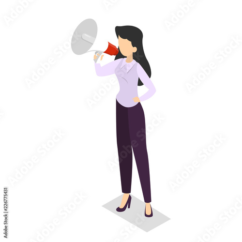 Woman in suit standing and holding megaphone