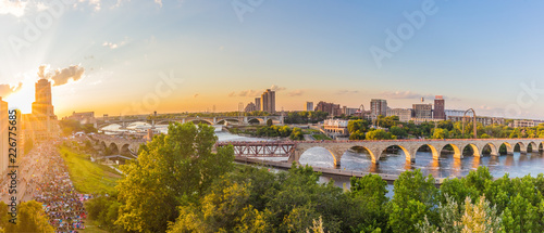 Minneapolis Minnesota at sunset on the Mississippi river,