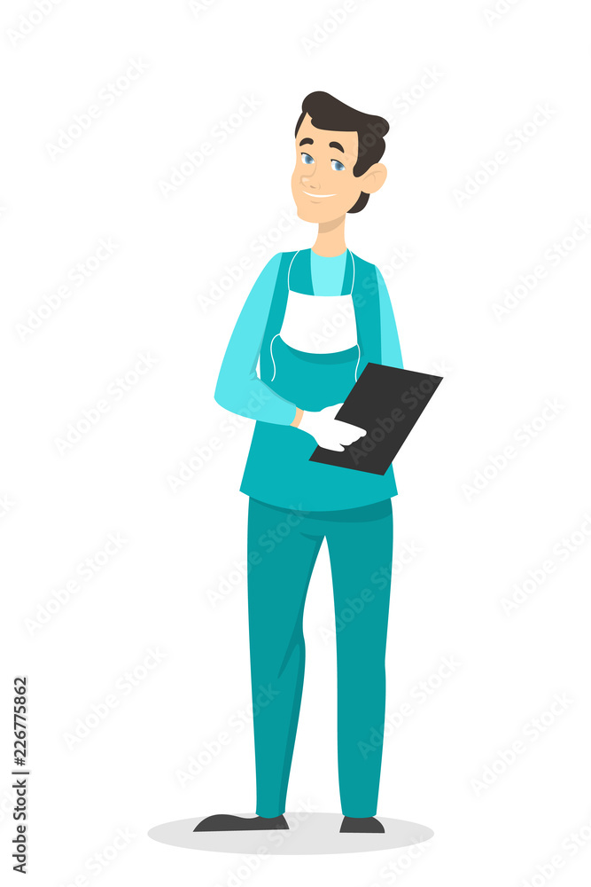 Doctor in uniform standing and holding clipboard