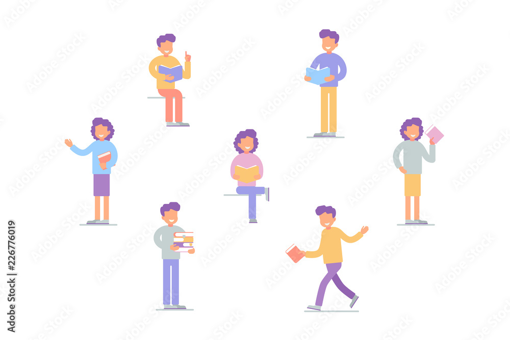 different poses cartoon characters with books: reading books, holding and carrying. Vector isolated illustration in flat style