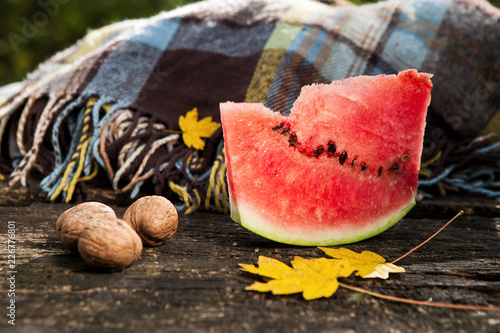 Canvas Print checkered plaid and wooden plate on the background of unsharp autumn forest on a