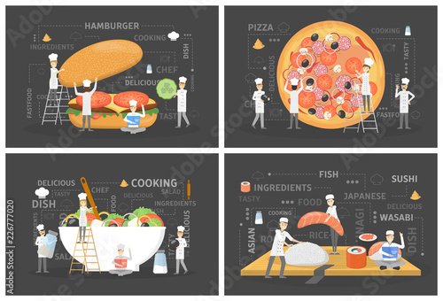 Cooking giant burger. Chefs in uniform building food.