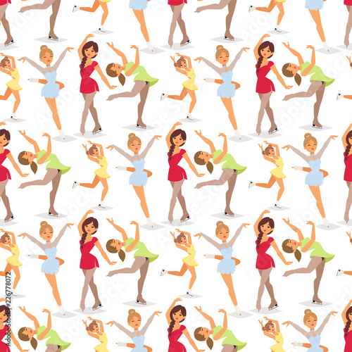 Figure ice skater women vector beauty sport girls doing exercise and tricks jump characters dancer people performance seamless pattern background illustration.