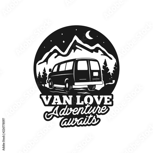 Vintage hand drawn camp logo badge. Van love - adenture awaits quote. Happy camper in mountains concept. Perfect for T-Shirt, mug, sticker. Stock vector emblem isolated on white background