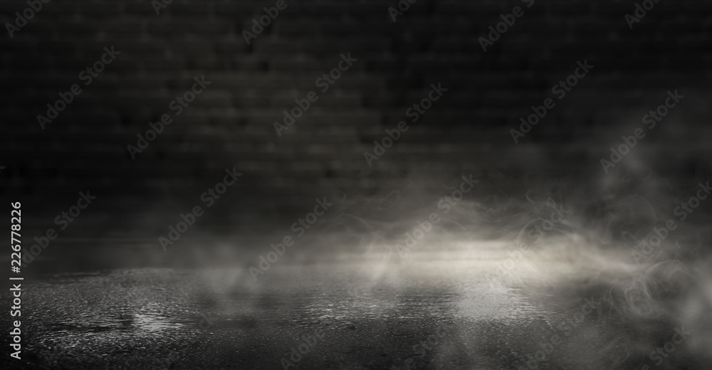 Background of an empty dark room. Empty walls, lights, smoke, glow, rays Background of an empty dark room. Empty walls, lights, smoke, glow, rays
