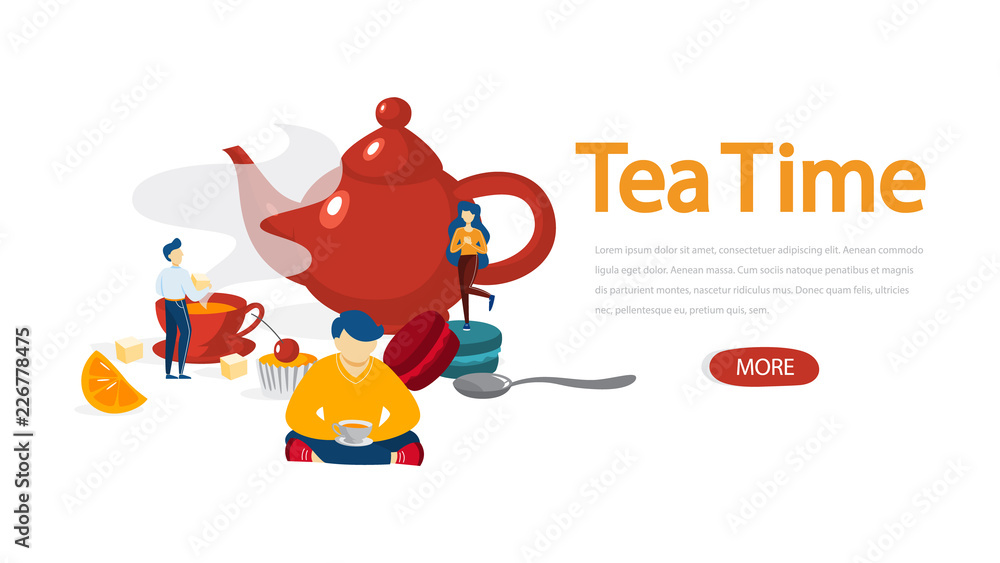 Tea time. People with cup of drink and dessert Tea time. People with cup of drink and dessert