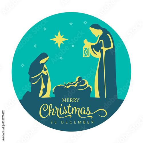 Merry Christmas banner sign with Nightly christmas scenery mary and joseph in a manger with baby Jesus and star light in navy blue circle background vector design