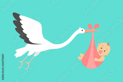 White stork flying with a newborn baby