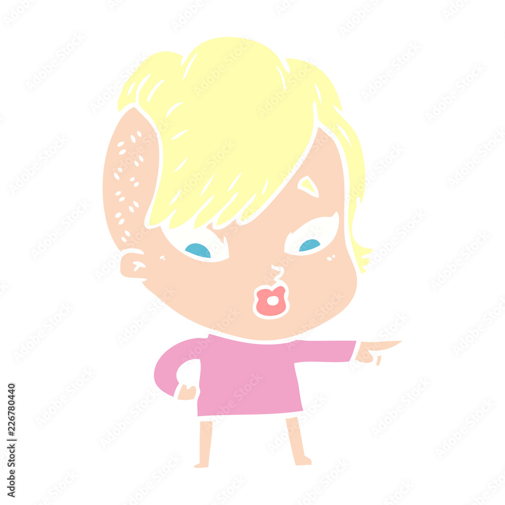 flat color style cartoon surprised girl pointing