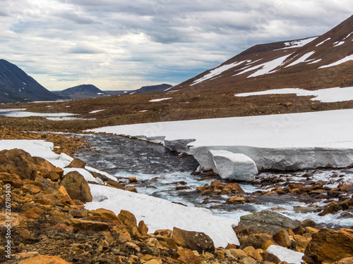 Beautiful mountain landscape, panorama. Snowy peak. Mountain river. Polar urals mountains. Yamal