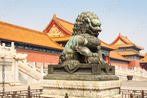 Lion at the entrance to the Imperial Palace. Beijing. China.