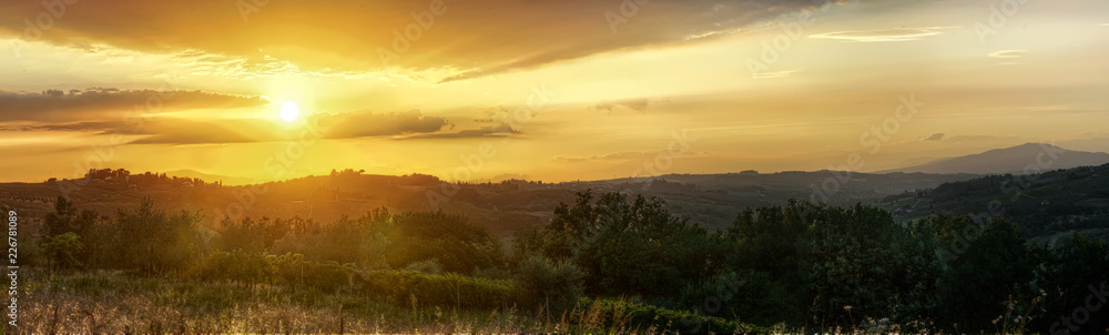 Sundown over Tuscan countryside; Montespetoli, region of Florence