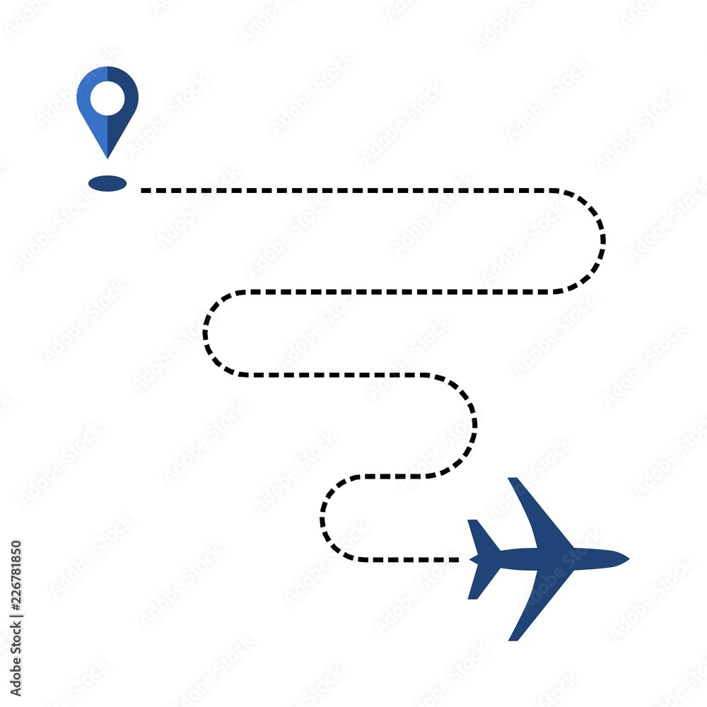 Plane and its way, track or route isolated on white background. Transportation concept. Aircrafts and map pins symbols Plane and its way, track or route isolated on white background. Transportation concept. Aircrafts and map pins symbols