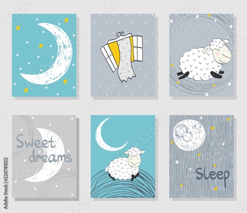 Set of cards. Vector illustration with funny sheep and moon. Sweet dreams.