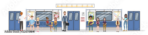 Subway train interior and railway. Passengers in metro