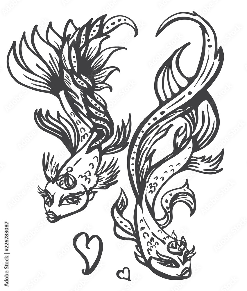 Two fabulous goldfish in crowns and with hearts in a linear style. Magic goldfish. Vector illustration.