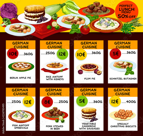 German cuisine traditional dishes, menu
