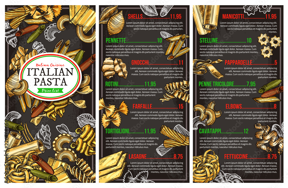 Italian pasta, restaurant vector menu